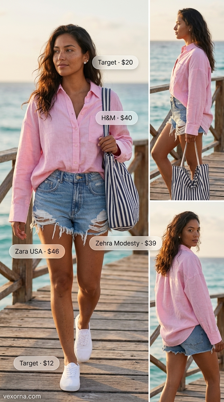 Chic summer beach outfit for women 2026: Distressed denim shorts, striped tote, powder pink linen shirt, and white sneakers for a casual beach day.