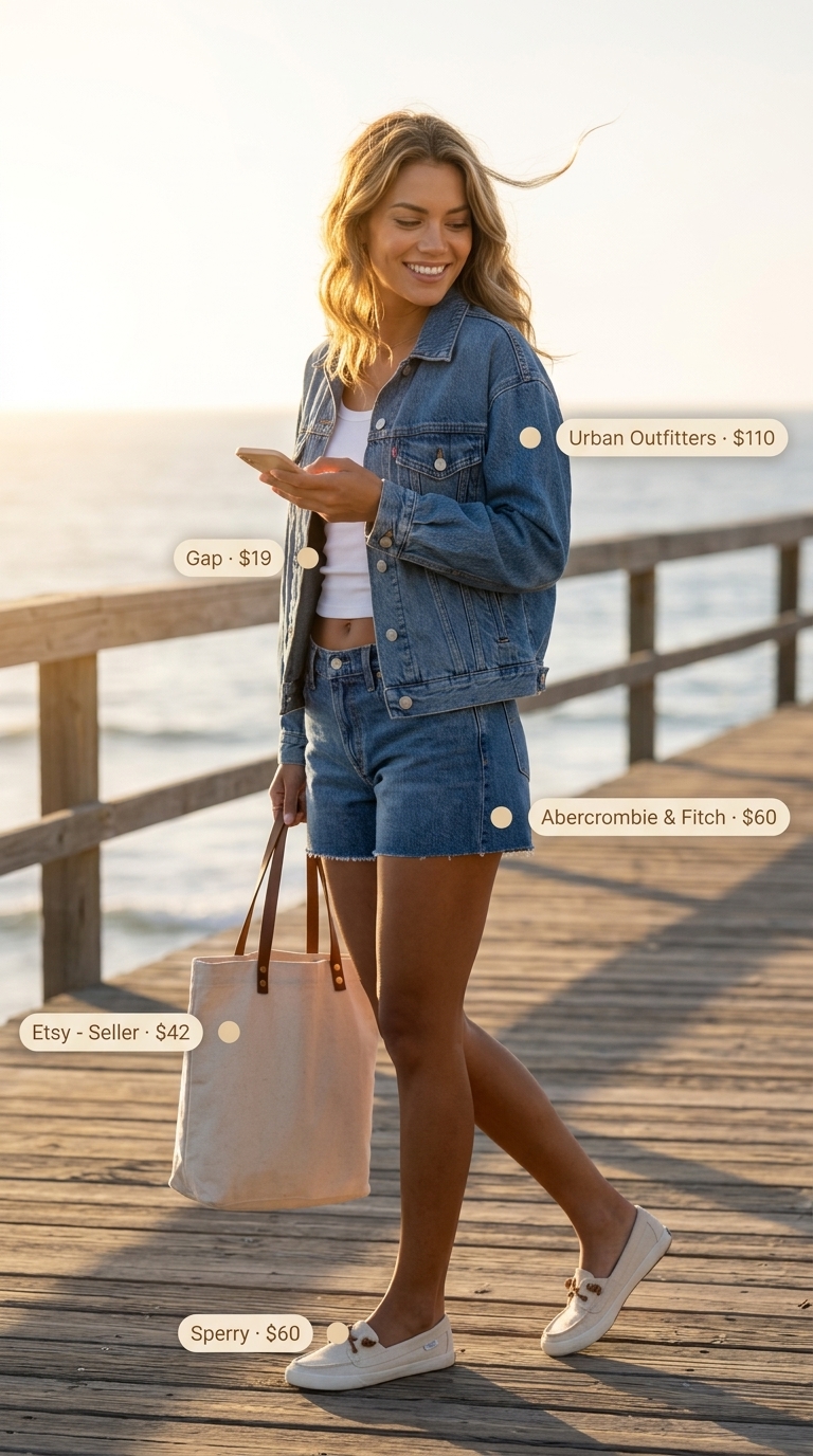 Chic summer beach outfit for women 2026: Denim shorts, ribbed tank, denim jacket, canvas sneakers, tote bag.