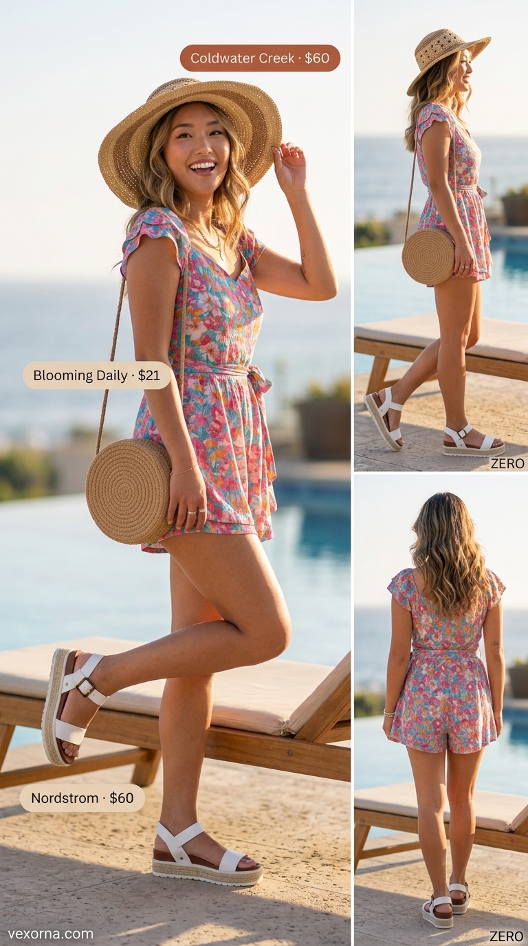 Chic summer beach outfit for women 2026: Floral romper, straw crossbody, sun hat, and platform espadrilles for poolside fun.