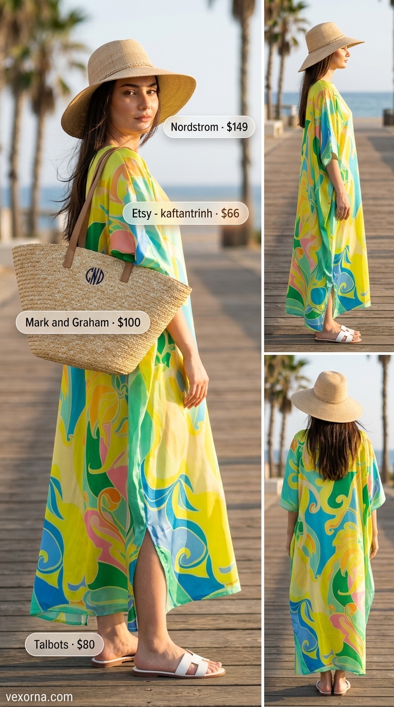 Chic summer beach outfit for women 2026: Flowy kaftan maxi dress, straw tote, wide-brim hat, and leather slides.
