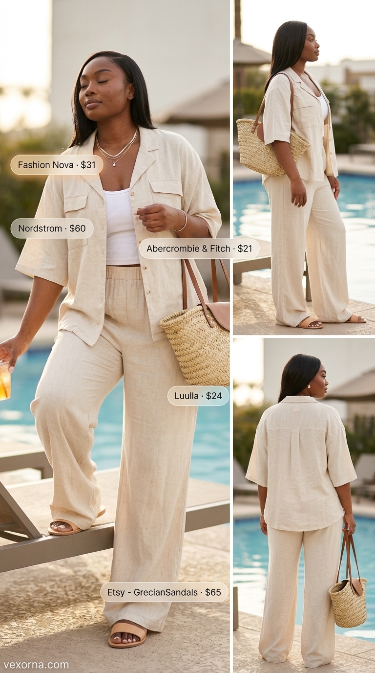 Chic summer beach outfit for women 2026: Linen set, ribbed tank, layered necklaces, straw tote, and flat sandals for a relaxed beach day.