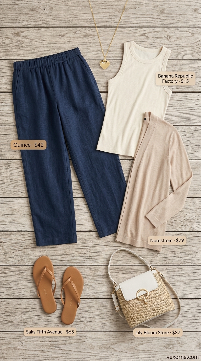 Chic summer beach outfit for women 2026: Linen trousers, ribbed tank, knit cardigan, straw bag, gold necklace.