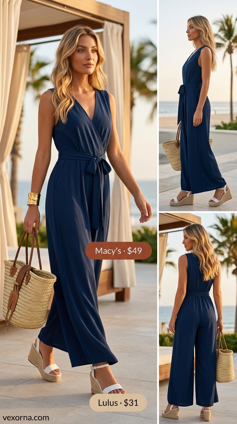Chic summer beach outfit for women 2026: Navy linen jumpsuit, straw tote, gold cuff, and espadrilles for a beach dinner.