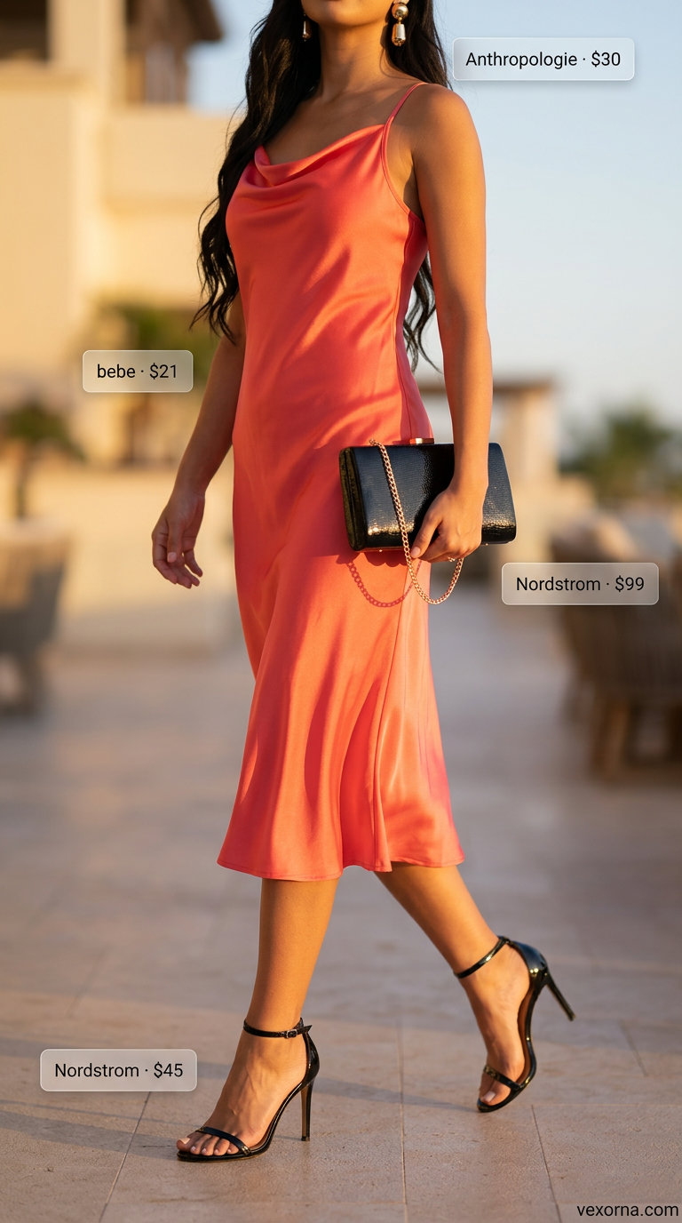 Chic summer beach outfit for women 2026: Coral slip dress, heeled sandals, statement earrings, clutch bag.