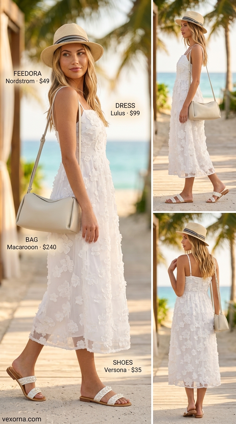 Chic summer beach outfit for women 2026: White sheer midi dress, slouchy hobo bag, straw fedora, and embellished sandals for resort casual.