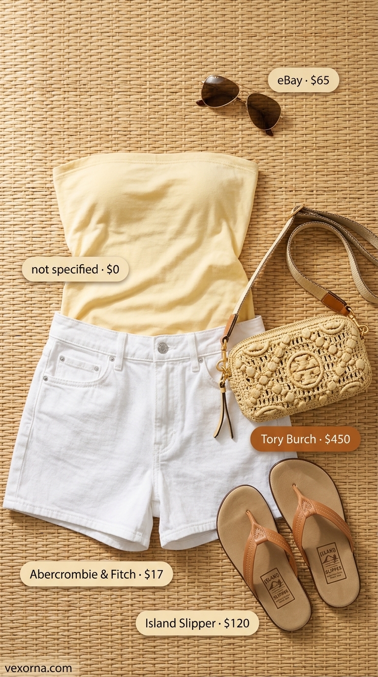 Chic summer beach outfit for women 2026: White denim shorts, floral silk blouse, aviators, and tan sandals for daytime exploring.