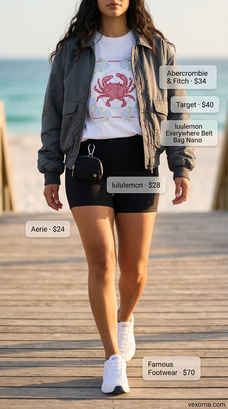 Chic summer beach outfit for women 2026: Black biker shorts, teal bomber, white graphic tee, sneakers.