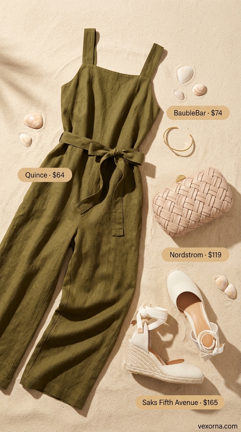 Chic summer beach outfit for women 2026: Olive green wide-leg jumpsuit, cream clutch, espadrille wedges.