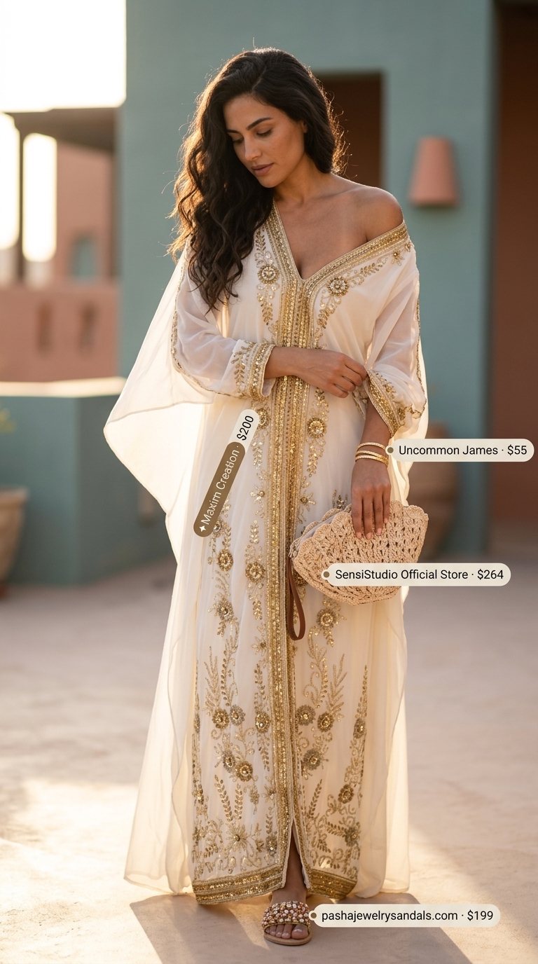 Chic summer beach outfit for women 2026: Ivory embroidered kaftan, gold sandals, woven clutch.