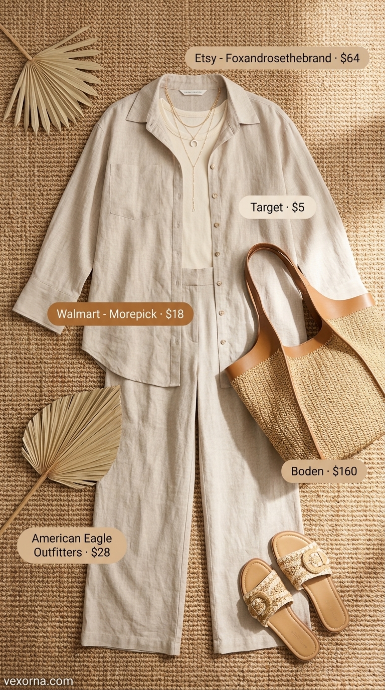 Chic summer beach outfit for women 2026: Sand linen set, cream tank, straw tote, gold necklaces.