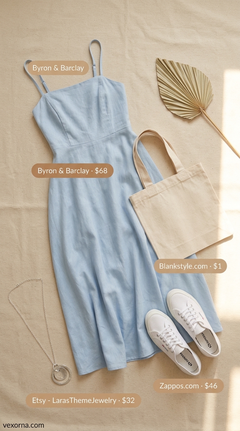 Chic summer beach outfit for women 2026: Pastel blue linen sundress, canvas tote, silver necklace.
