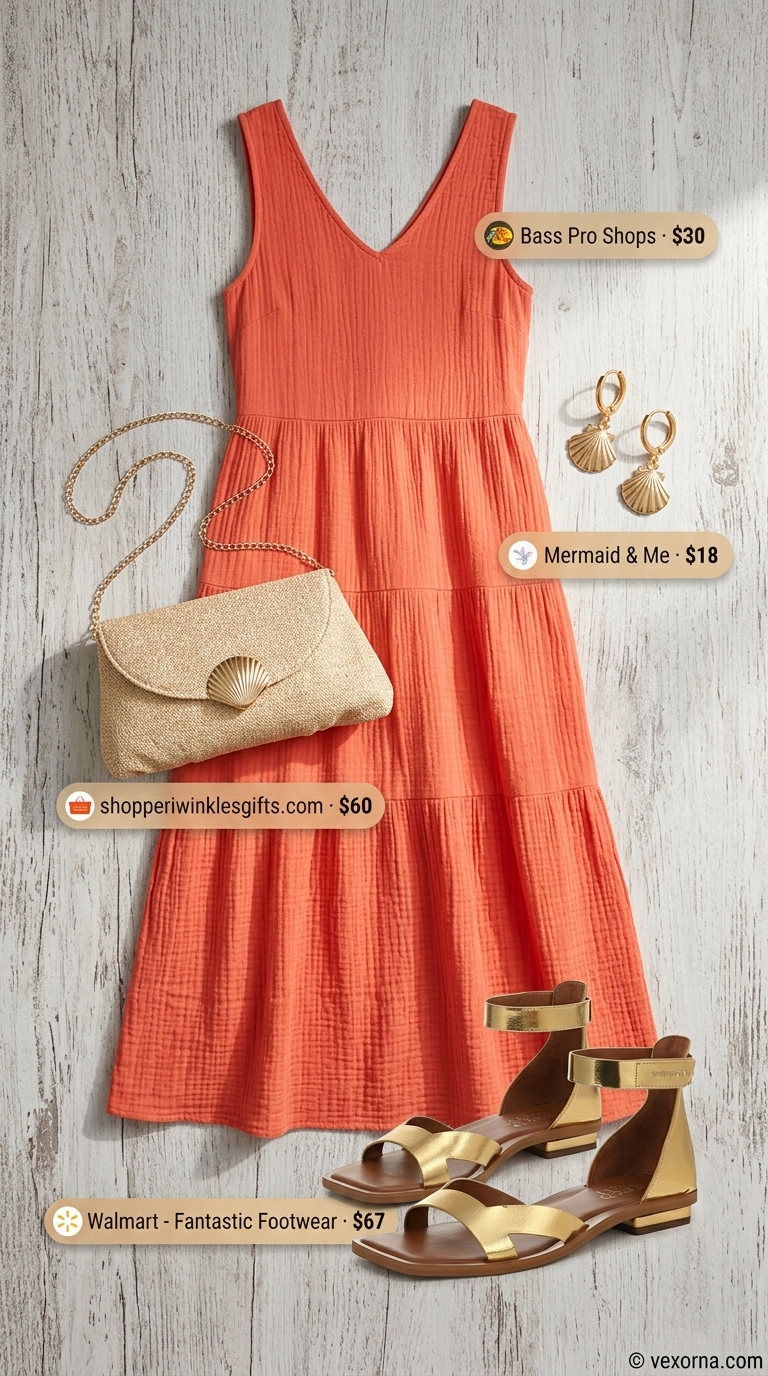 Chic summer beach outfit for women 2026: Coral maxi dress, gold hoops, gold sandals, woven clutch.
