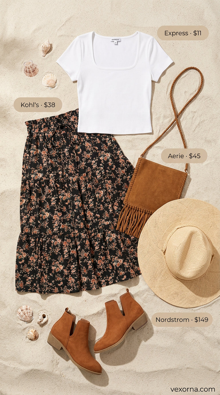 Chic summer beach outfit for women 2026: Floral midi skirt, white crop top, straw hat, fringe bag.