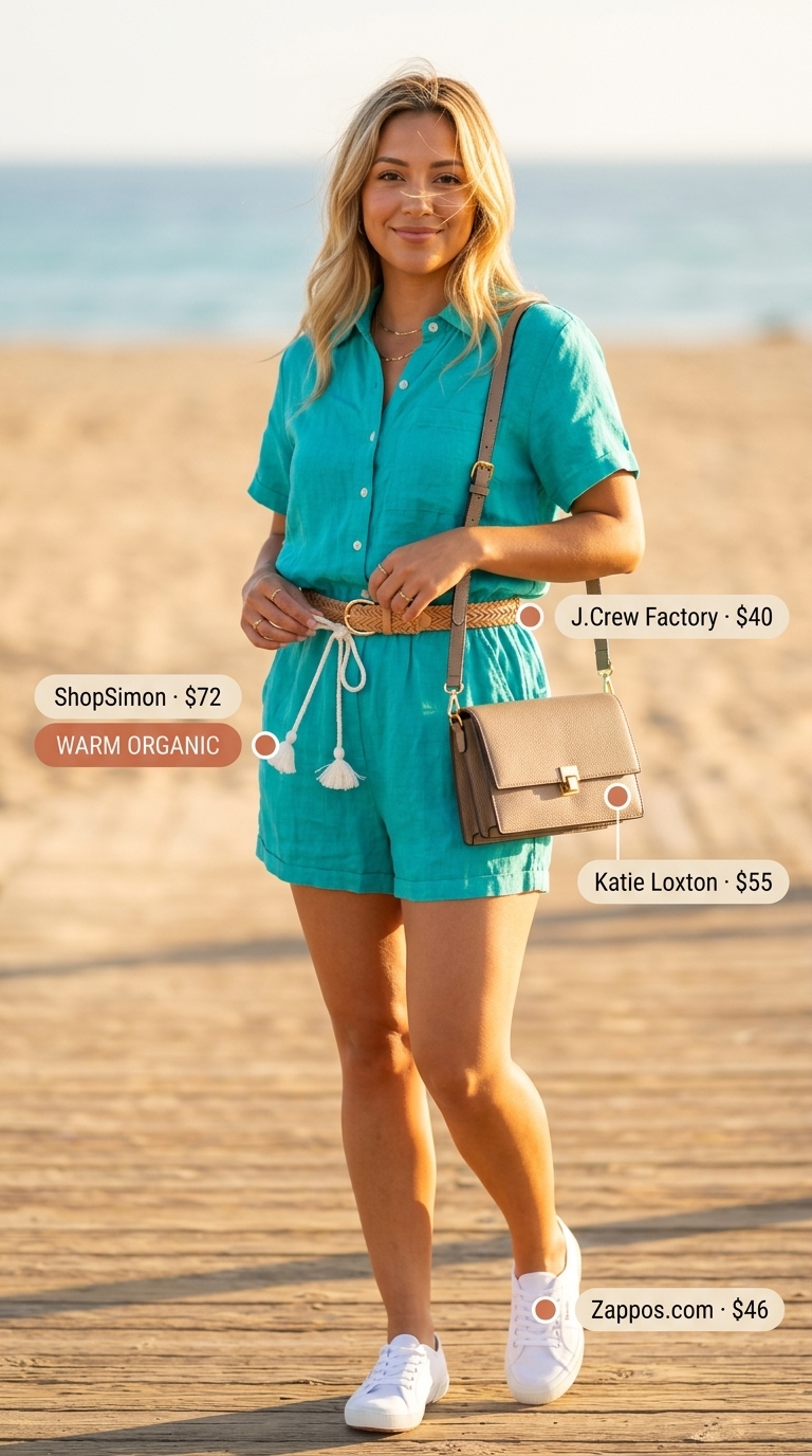 Chic summer beach outfit for women 2026: Teal linen romper, tan belt, white sneakers, crossbody bag.