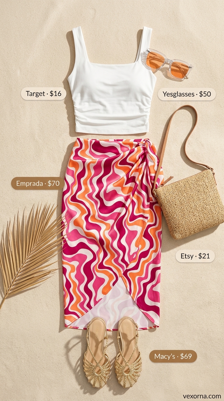 Chic summer beach outfit for women 2026: White tank, hot pink abstract midi skirt, gold sandals, straw bag.