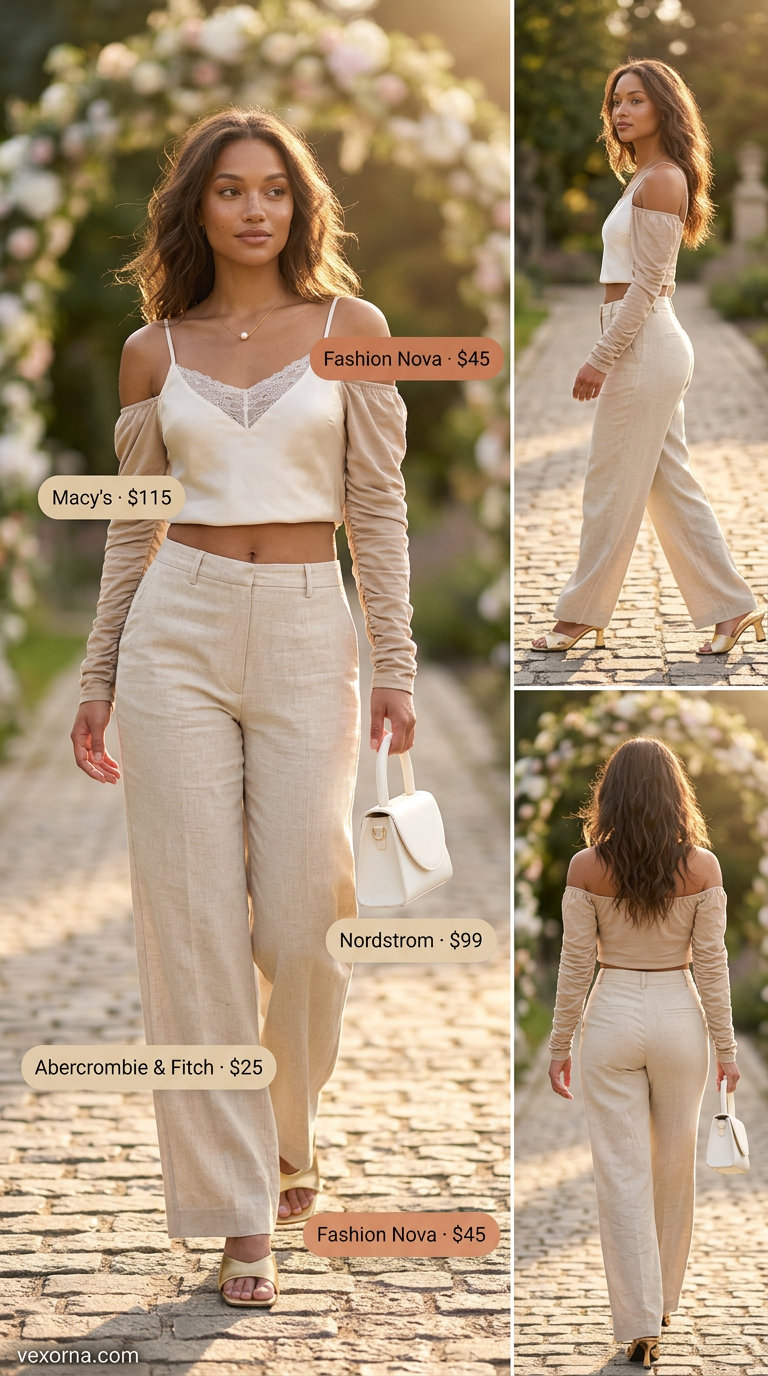Chic Summer Wedding Guest Outfits 2026: Outdoor Elegance Trousers Chic summer wedding guest outfits for women 2026: Beige linen trousers, lace camisole, gold necklace for an outdoor wedding.