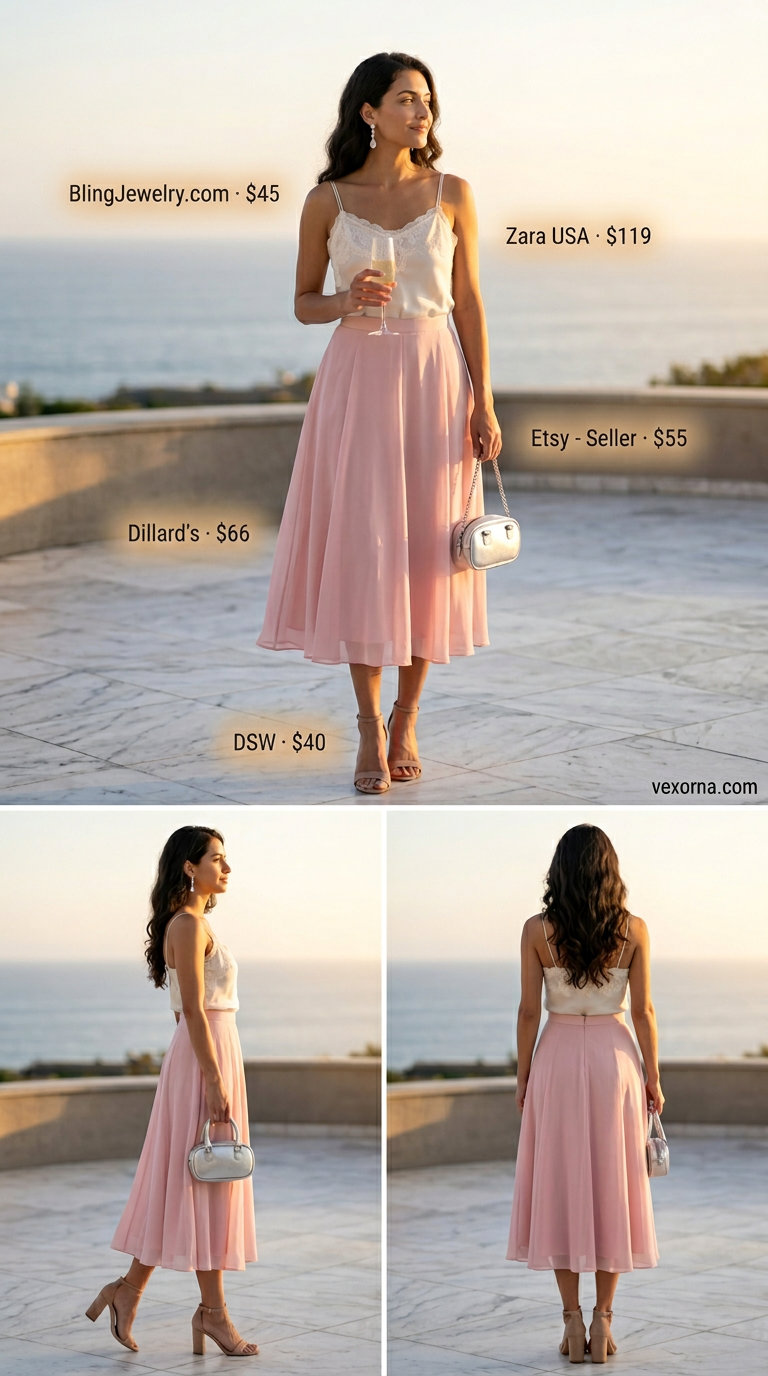 Chic Summer Wedding Guest Outfits 2026: Blush Pink Skirt Chic summer wedding guest outfits for women 2026: Blush pink skirt, cream camisole, silver sandals for sunset wedding.