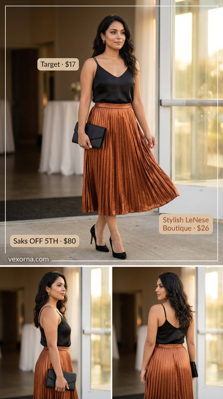 Chic Summer Wedding Guest Outfits 2026: Art Gallery Glam Chic summer wedding guest outfits for women 2026: Metallic bronze pleated skirt, black silk cami for art gallery wedding.