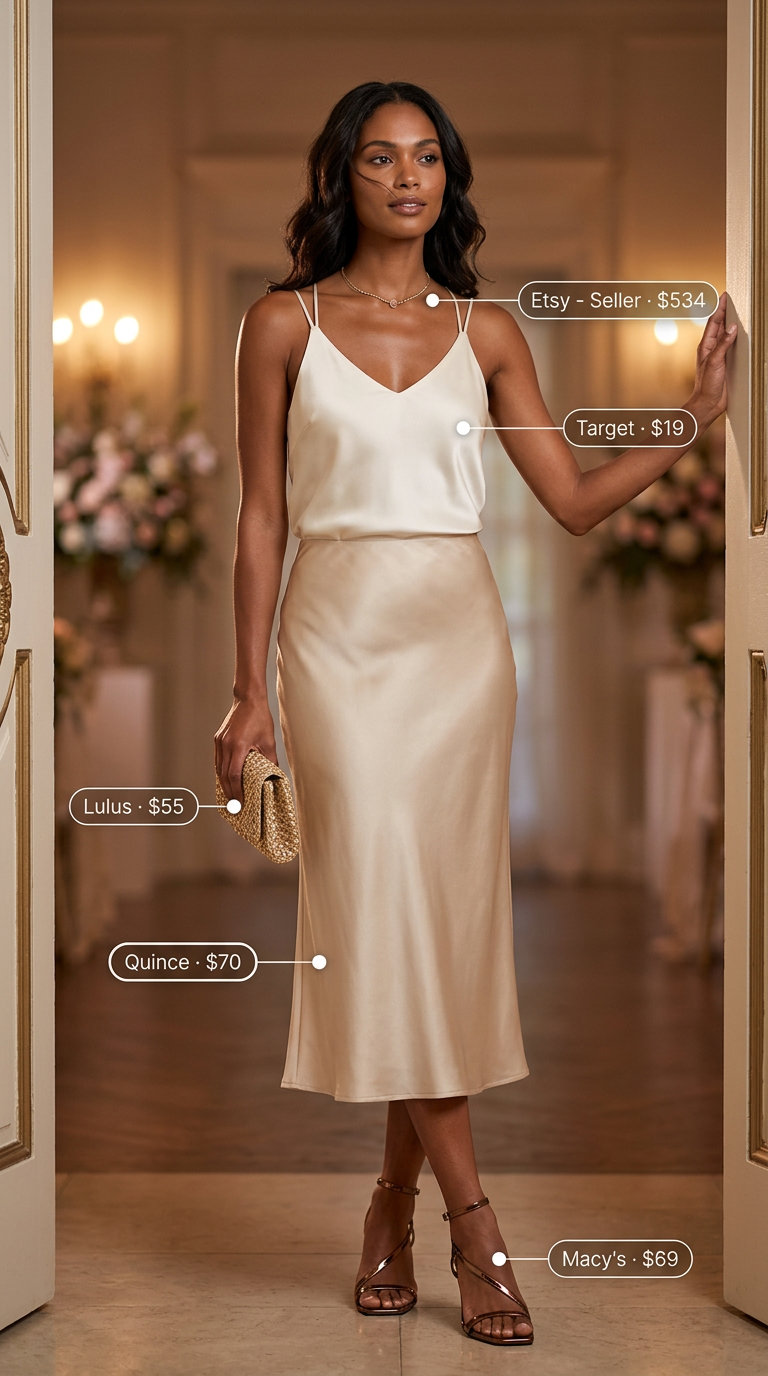 Chic Summer Wedding Guest Outfits 2026: Champagne Evening Elegance Chic summer wedding guest outfits for women 2026: Champagne satin skirt, ivory camisole, bronze sandals for an evening wedding.