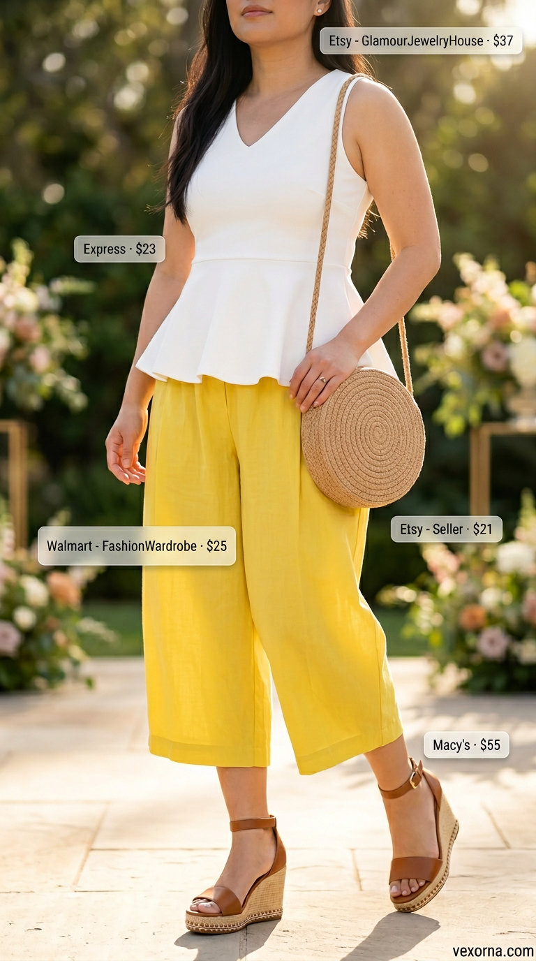 Chic Summer Wedding Guest Outfits 2026: Citrus Brunch Style Chic summer wedding guest outfits for women 2026: Citrus yellow culottes, white peplum top for daytime wedding.