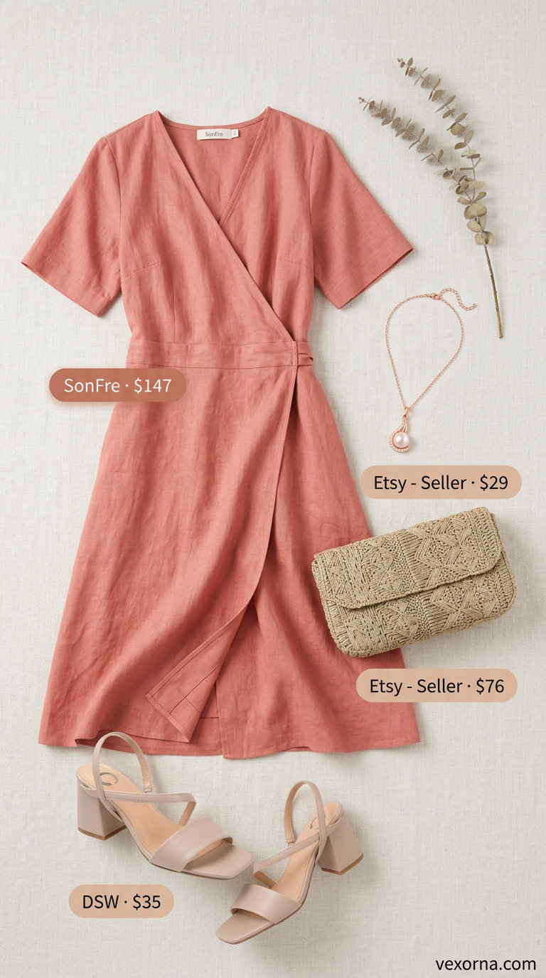 Chic Summer Wedding Guest Outfits 2026: Coral Beach Vibe Chic summer wedding guest outfits for women 2026: Coral pink linen wrap dress for daytime beach wedding.