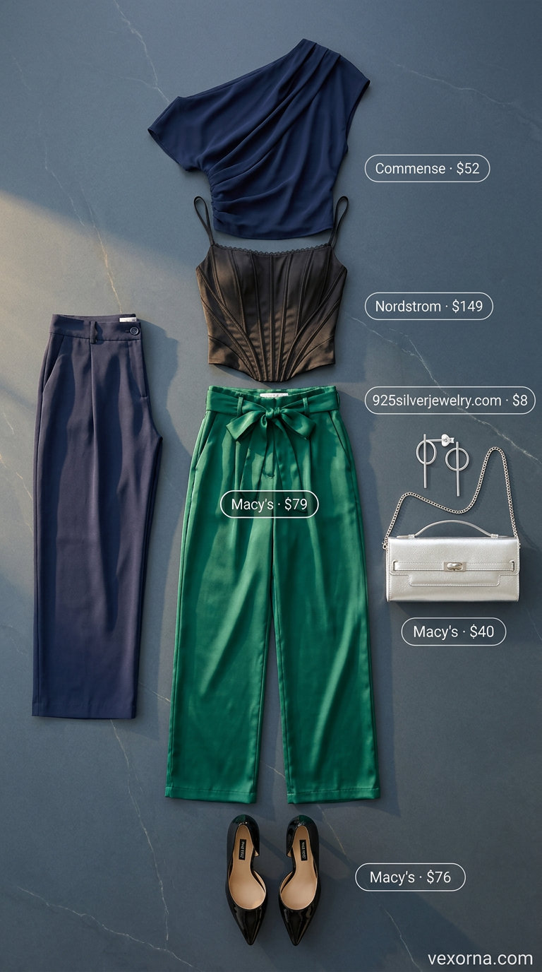 Chic Summer Wedding Guest Outfits 2026: Urban Evening Chic Chic summer wedding guest outfits for women 2026: Emerald green trousers, black satin top, silver clutch for an evening wedding.