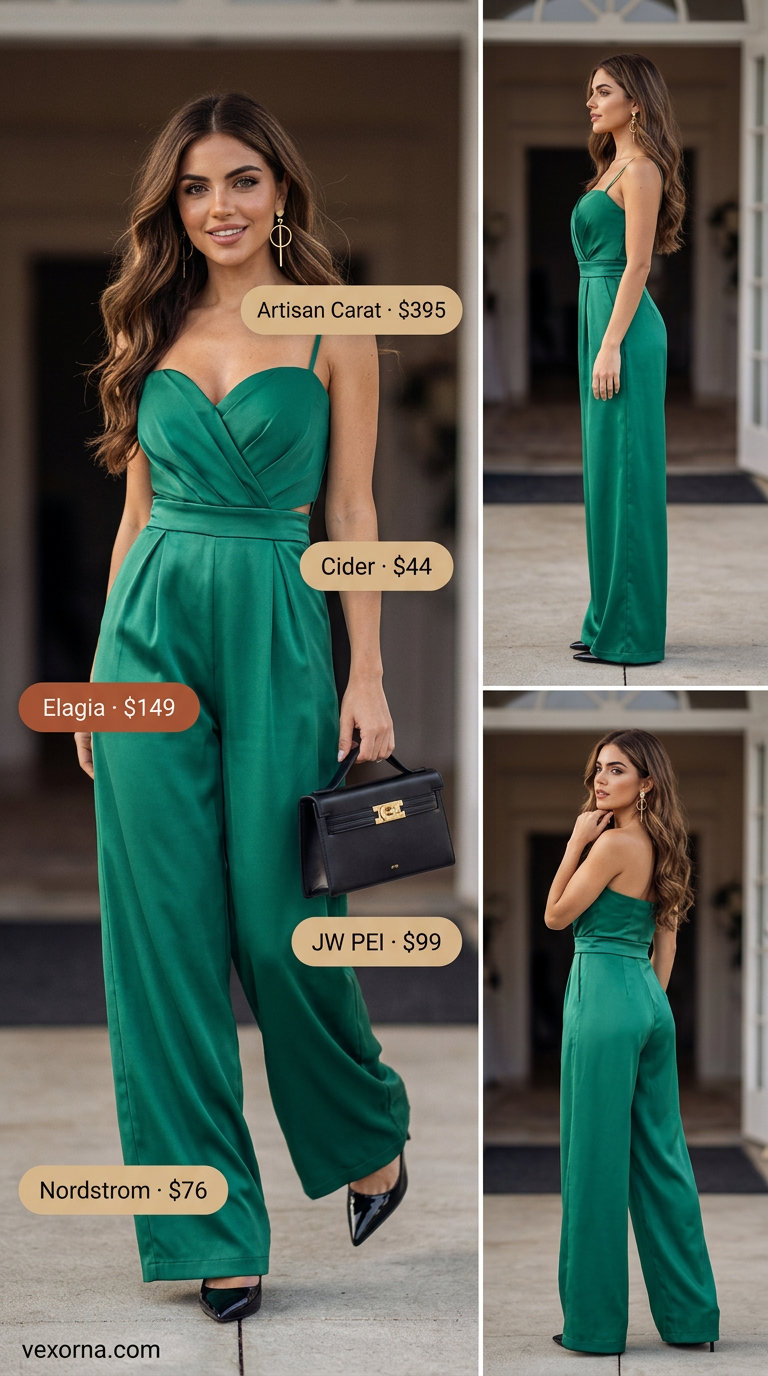 Chic Summer Wedding Guest Outfits 2026: Emerald Jumpsuit Chic summer wedding guest outfits for women 2026: Emerald green jumpsuit, black pumps, gold earrings for city wedding.