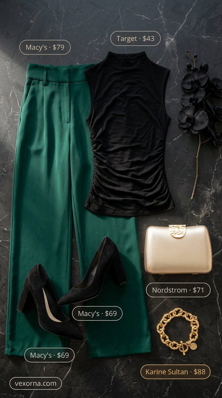 Chic Summer Wedding Guest Outfits 2026: Emerald City Chic Chic summer wedding guest outfits for women 2026: Emerald green trousers, black top for semi-formal city wedding.