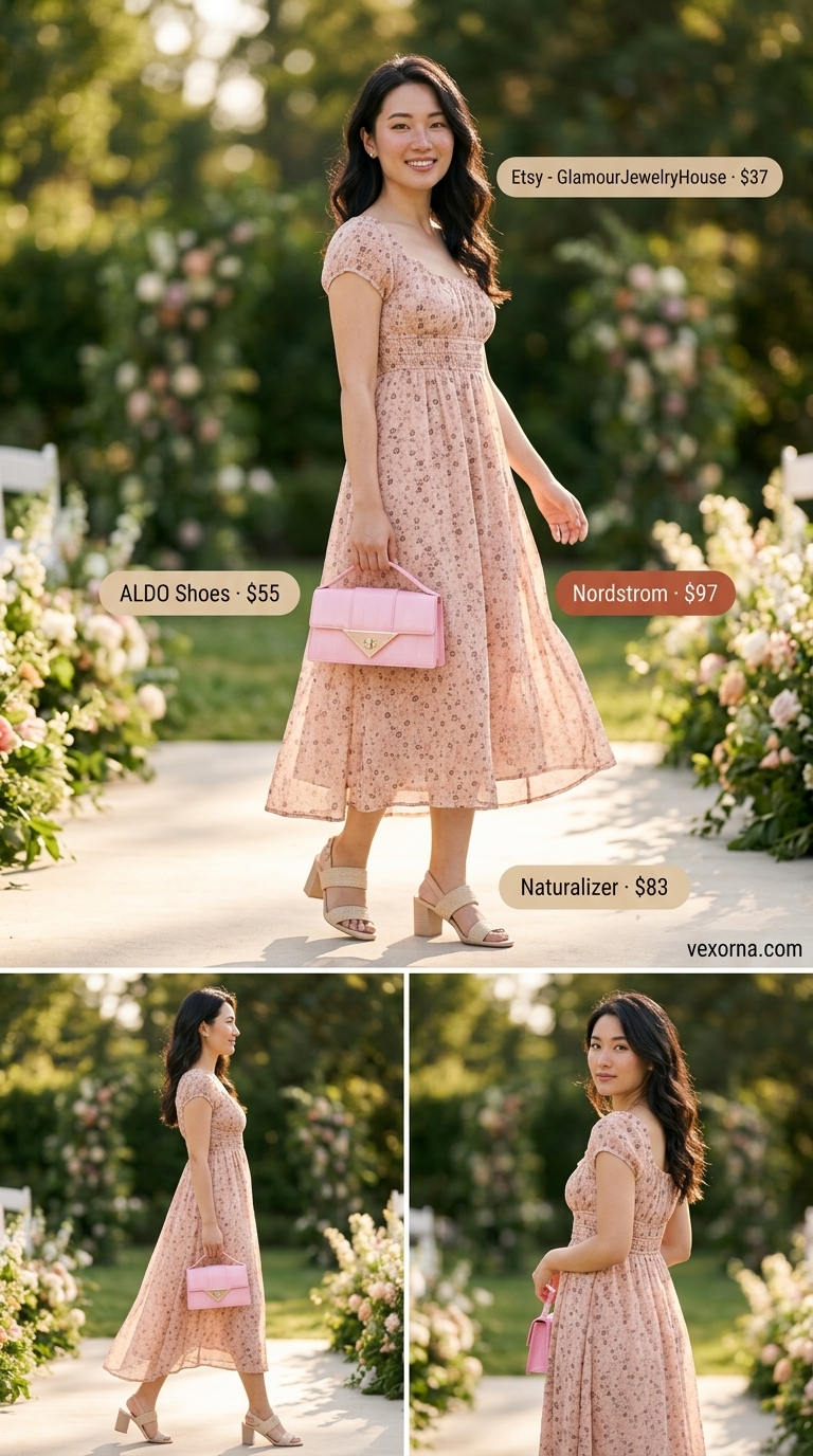 Chic Summer Wedding Guest Outfits 2026: Vineyard Romance Dress Chic summer wedding guest outfits for women 2026: Floral midi wrap dress, nude block heels, and blush bag for a vineyard wedding.