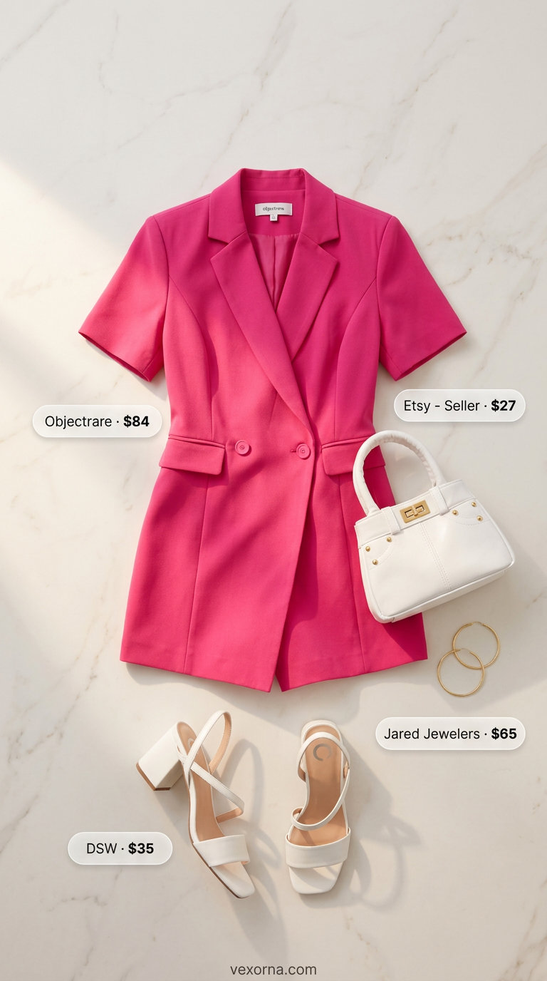 Chic Summer Wedding Guest Outfits 2026: Fuchsia Romper Chic summer wedding guest outfits for women 2026: Fuchsia romper, white block heels, gold hoops for garden party.