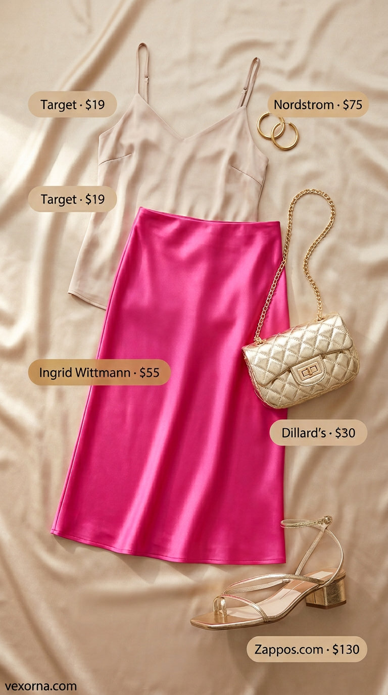 Chic summer wedding guest outfits for women 2026: Hot pink satin skirt, champagne camisole, gold hoops for a cocktail wedding.