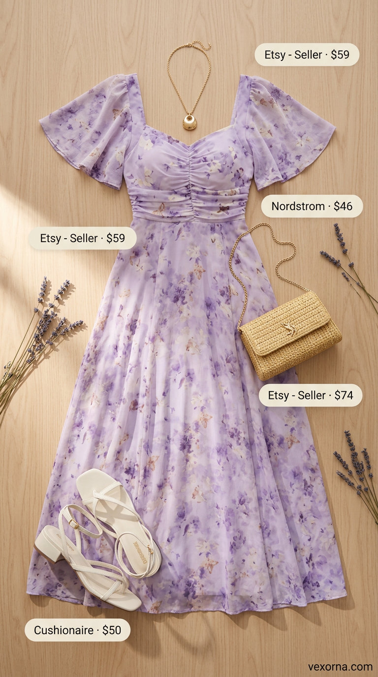 Chic Summer Wedding Guest Outfits 2026: Lavender Maxi Dress Chic summer wedding guest outfits for women 2026: Soft lavender floral maxi dress, gold necklace, raffia clutch.