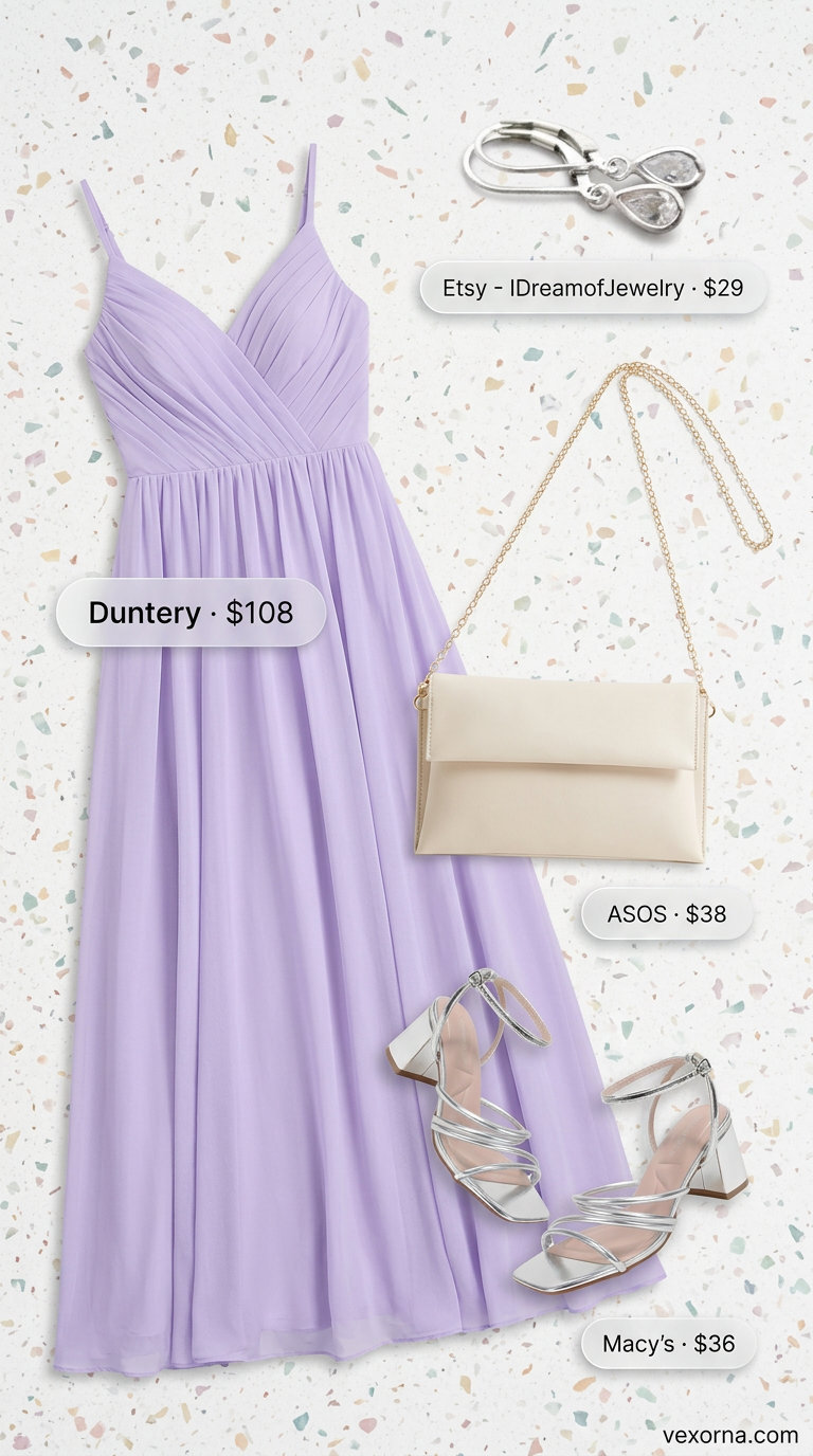 Chic Summer Wedding Guest Outfits 2026: Garden Wedding Romance Chic summer wedding guest outfits for women 2026: Lavender flowy maxi dress, silver drop earrings, and block heel sandals for a garden wedding.