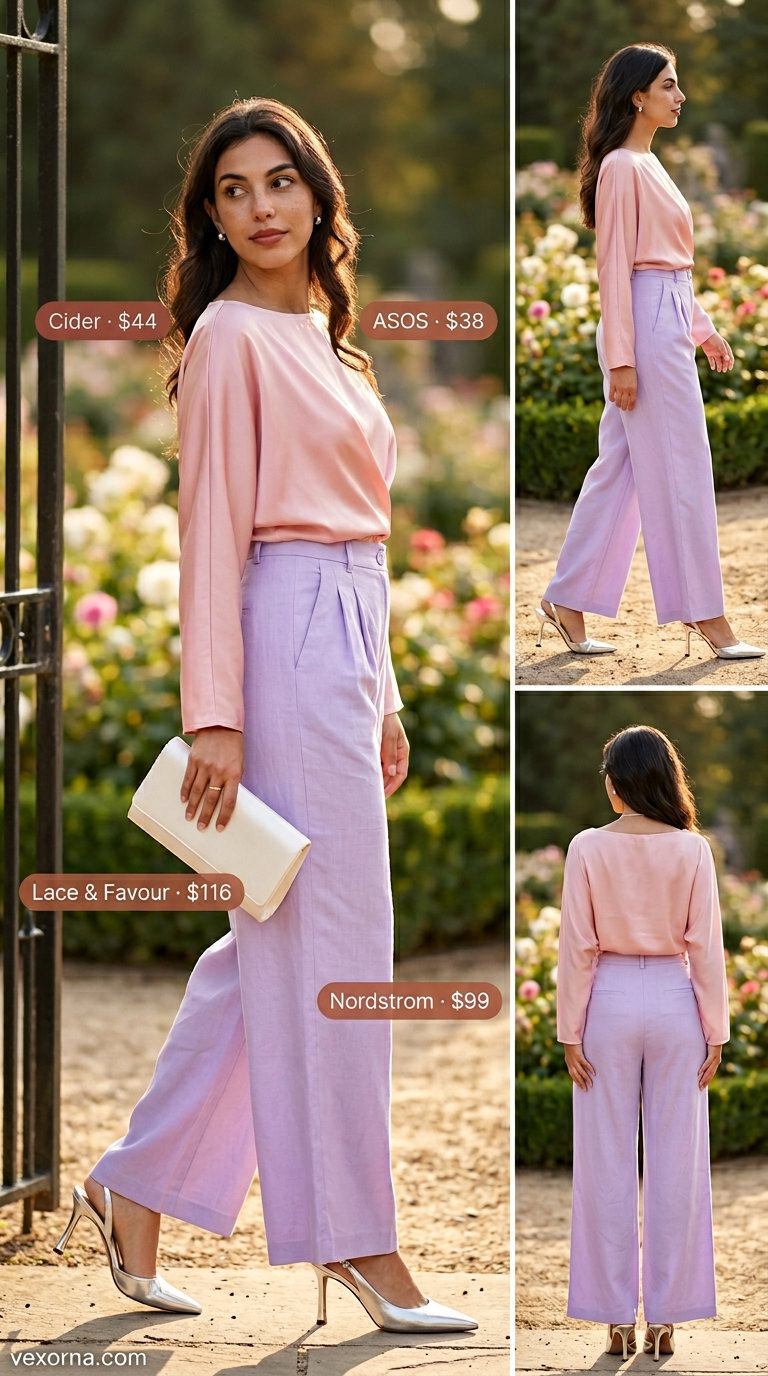 Chic Summer Wedding Guest Outfits 2026: Lavender Trousers Chic summer wedding guest outfits for women 2026: Lavender trousers, cream satin top, silver heels for modern wedding.