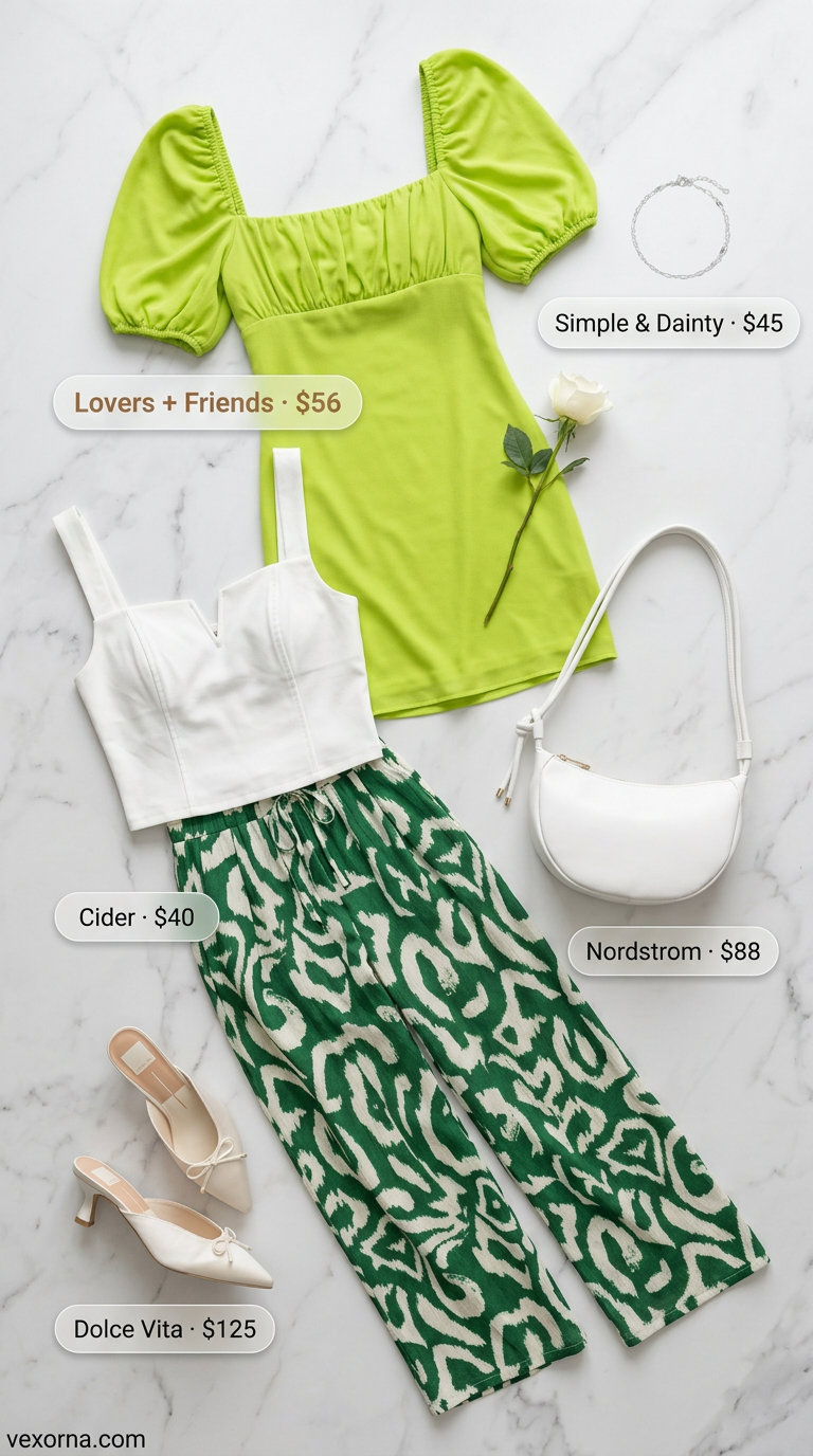 Chic Summer Wedding Guest Outfits 2026: Modern City Hall Style Chic summer wedding guest outfits for women 2026: Lime green mini dress, white mules, and silver bracelet for a city wedding.
