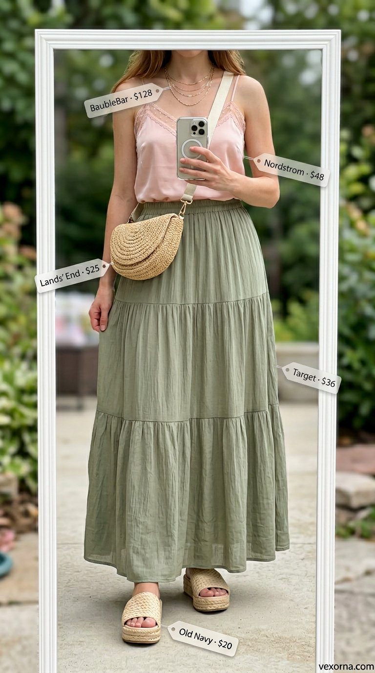 Chic Summer Wedding Guest Outfits 2026: Garden Party Whimsy Chic summer wedding guest outfits for women 2026: Sage green tiered maxi skirt, blush camisole for garden wedding.