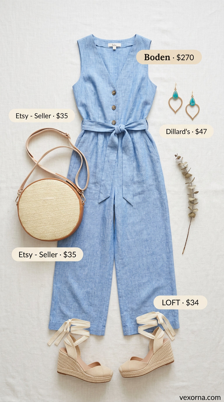 Chic Summer Wedding Guest Outfits 2026: Riviera Jumpsuit Style Chic summer wedding guest outfits for women 2026: Sky blue linen jumpsuit, statement earrings, and espadrille wedges for a resort wedding.