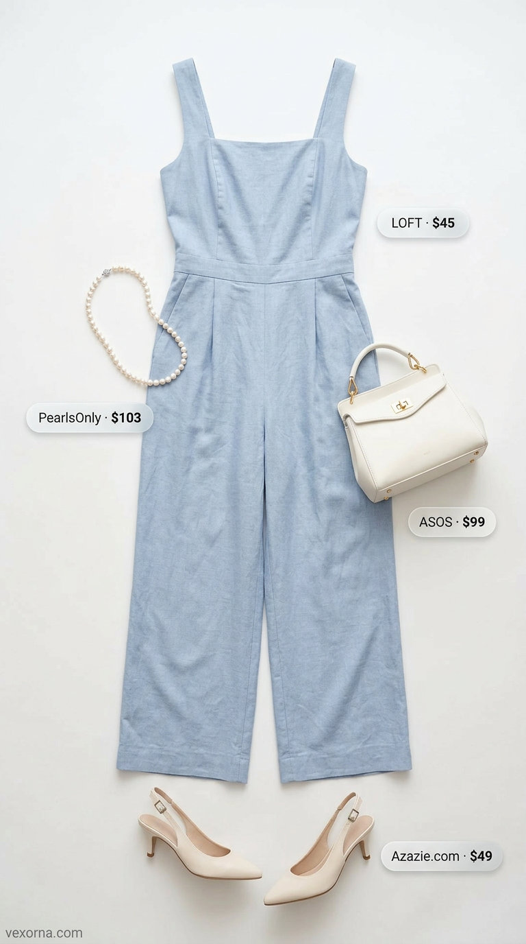 Chic Summer Wedding Guest Outfits 2026: Sky Blue Sophistication Chic summer wedding guest outfits for women 2026: Sky blue wide-leg jumpsuit for contemporary garden party.