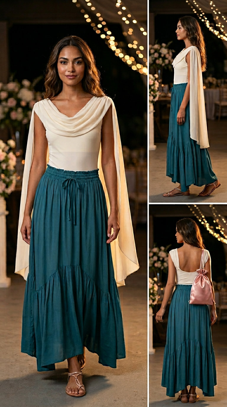 Chic Summer Wedding Guest Outfits 2026: Boho Beach Style Chic summer wedding guest outfits for women 2026: Soft teal maxi skirt, ivory bodysuit, rose gold sandals for beach wedding.