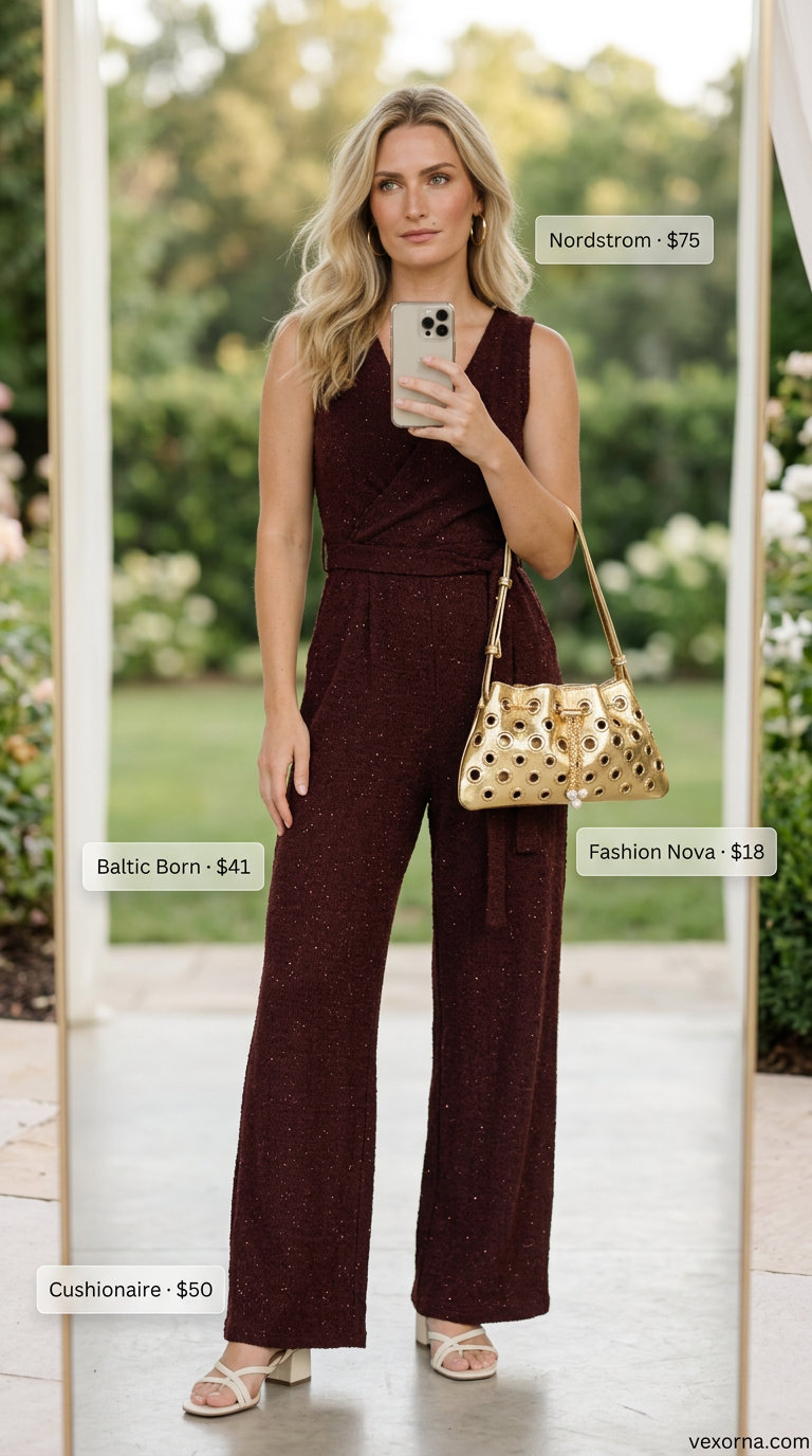 Chic Summer Wedding Guest Outfits 2026: Modern Terracotta Chic summer wedding guest outfits for women 2026: Terracotta wide-leg jumpsuit for modern evening wedding.