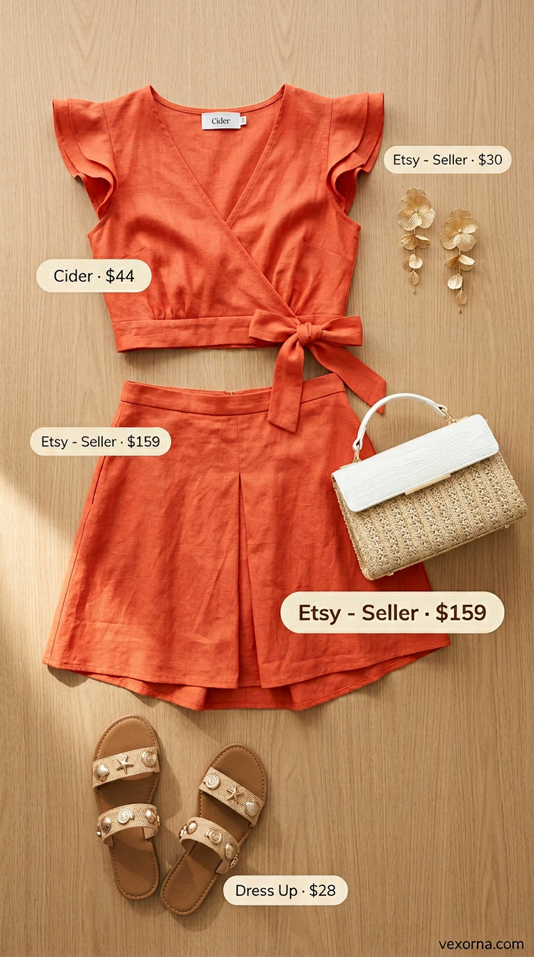 Chic Summer Wedding Guest Outfits 2026: Tropical Destination Style Chic summer wedding guest outfits for women 2026: Coral linen matching set, gold statement earrings, and raffia bag for a destination wedding.