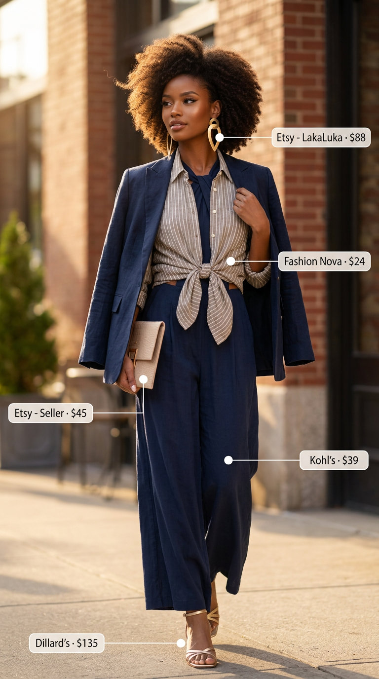Classy summer brunch outfits for women 2026: Navy wide-leg jumpsuit with halter neck, gold statement earrings, and metallic heels.