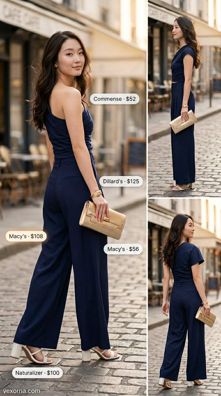 Classy summer brunch outfits for women 2026: Navy wide-leg jumpsuit, block heel sandals, gold cuff bracelet, and metallic clutch.