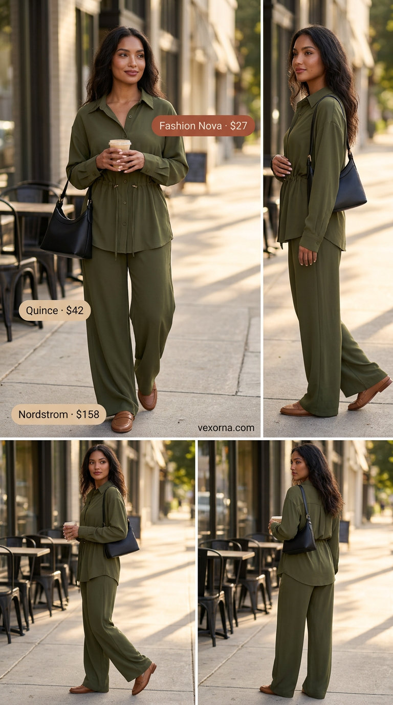 Classy summer brunch outfits for women 2026: Cream linen set with wide-leg pants and cropped shirt, gold jewelry, loafers.