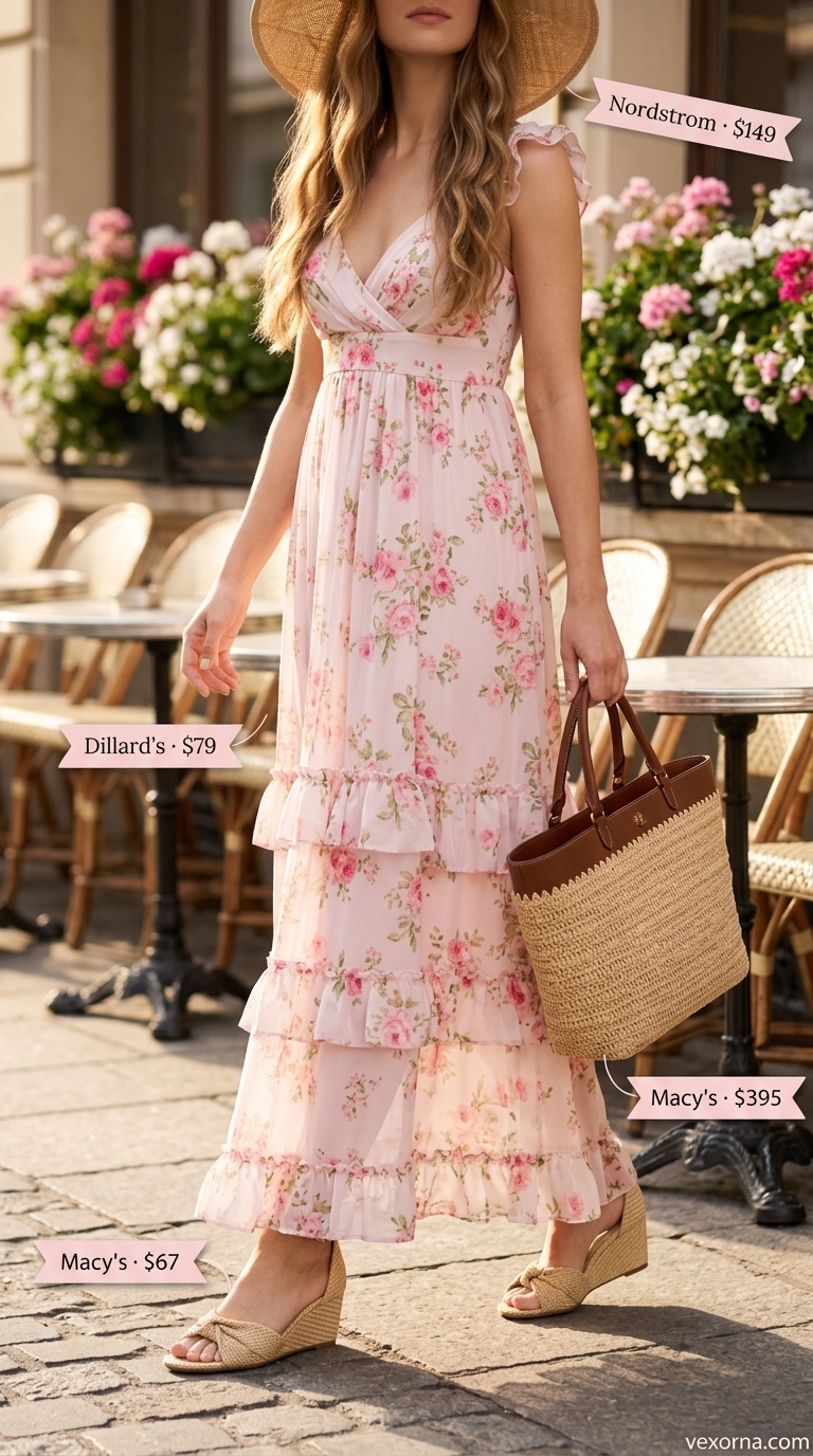 Classy summer brunch outfits for women 2026: Pink floral maxi dress, straw hat, espadrille wedges, and straw tote bag.