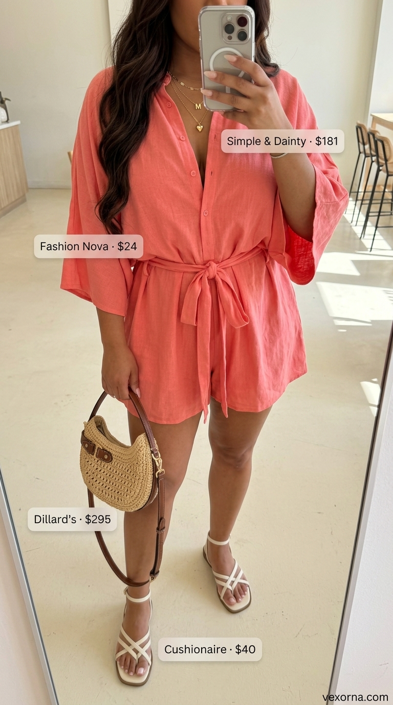 Classy summer brunch outfits for women 2026: Coral linen romper, straw crossbody bag, flat sandals, and gold necklaces.