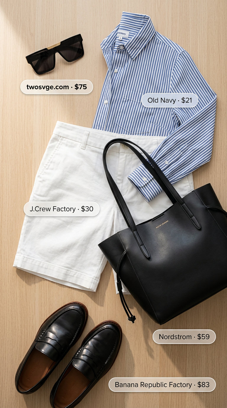 Classy summer brunch outfits for women 2026: White tailored shorts, oversized black shirt, loafers, and tote bag.