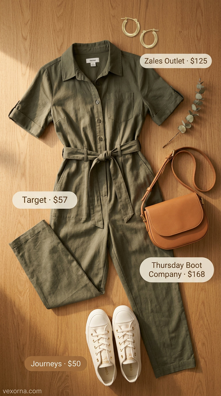 Classy summer brunch outfits for women 2026: Olive green utility jumpsuit, cream sneakers, gold hoop earrings, and tan crossbody bag.