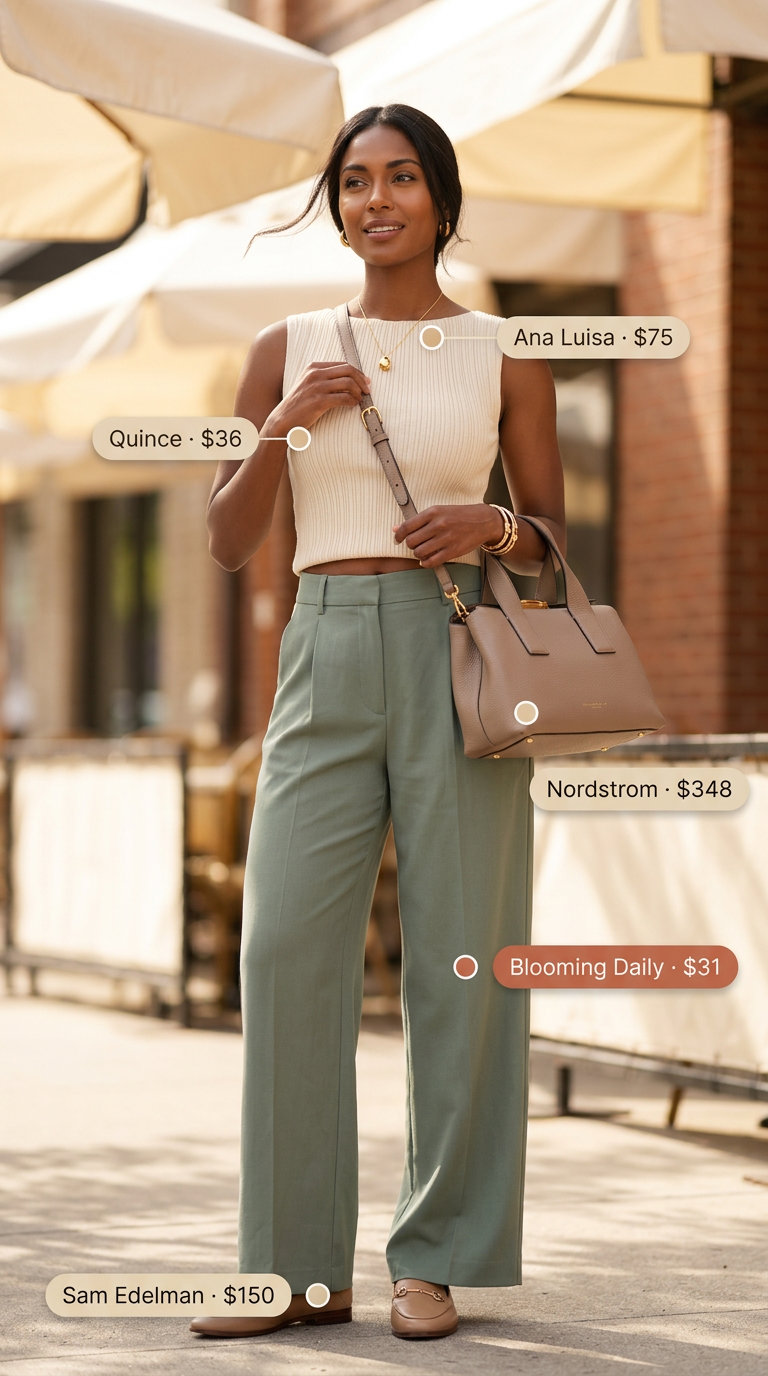 Classy summer brunch outfits for women 2026: Sage green wide-leg trousers, cream knit top, nude loafers, and satchel bag.