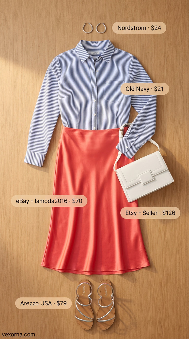 Coral satin slip skirt with white tee, silver jewelry & sandals for classy summer brunch outfits 2026.